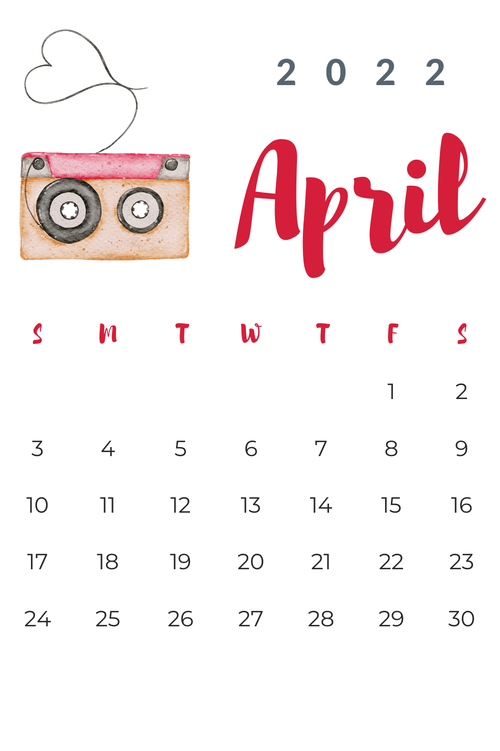 April 2022 Watercolor Retro Calendar