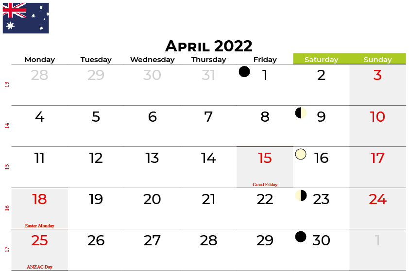 April 2022 calendar australia with holidays