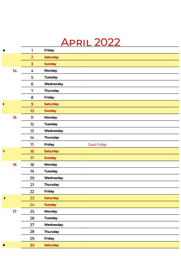 April Holidays 2022 Calendar