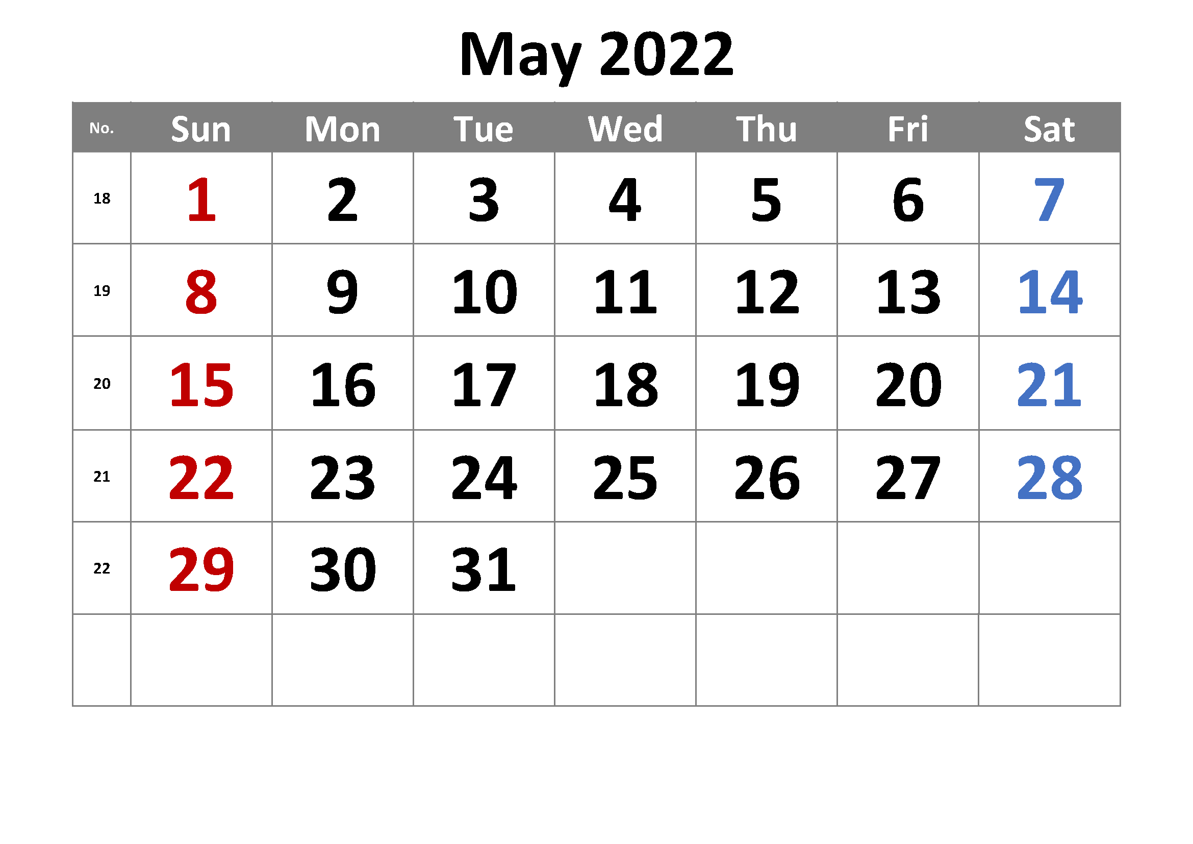 Blank May 2022 Calendar Printable Template
