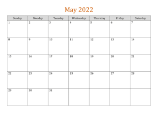 Editable May Calendar 2022