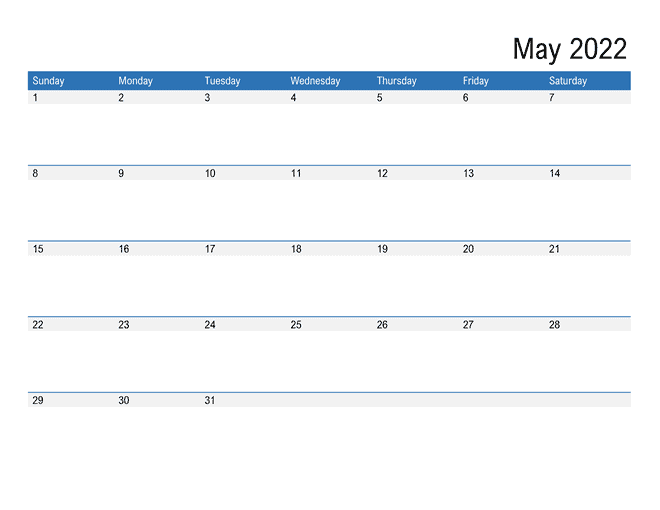 Editable may 2022 calendar excel