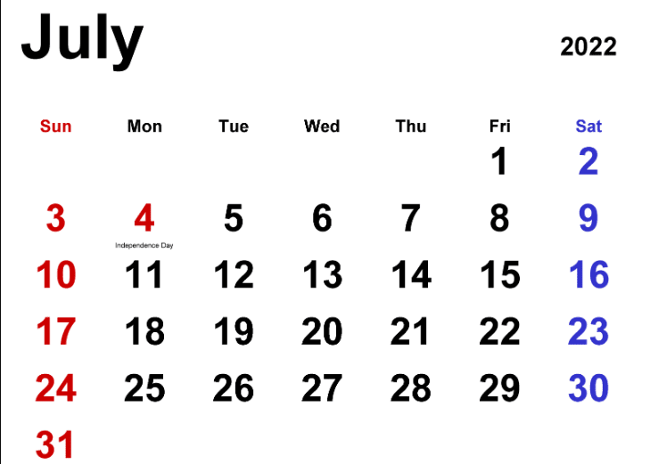 July 2022 USA Calendar Printable