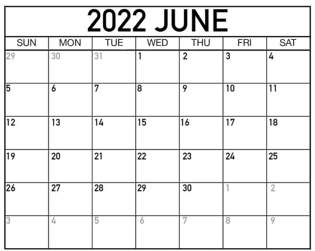 Printable calendar june 2022
