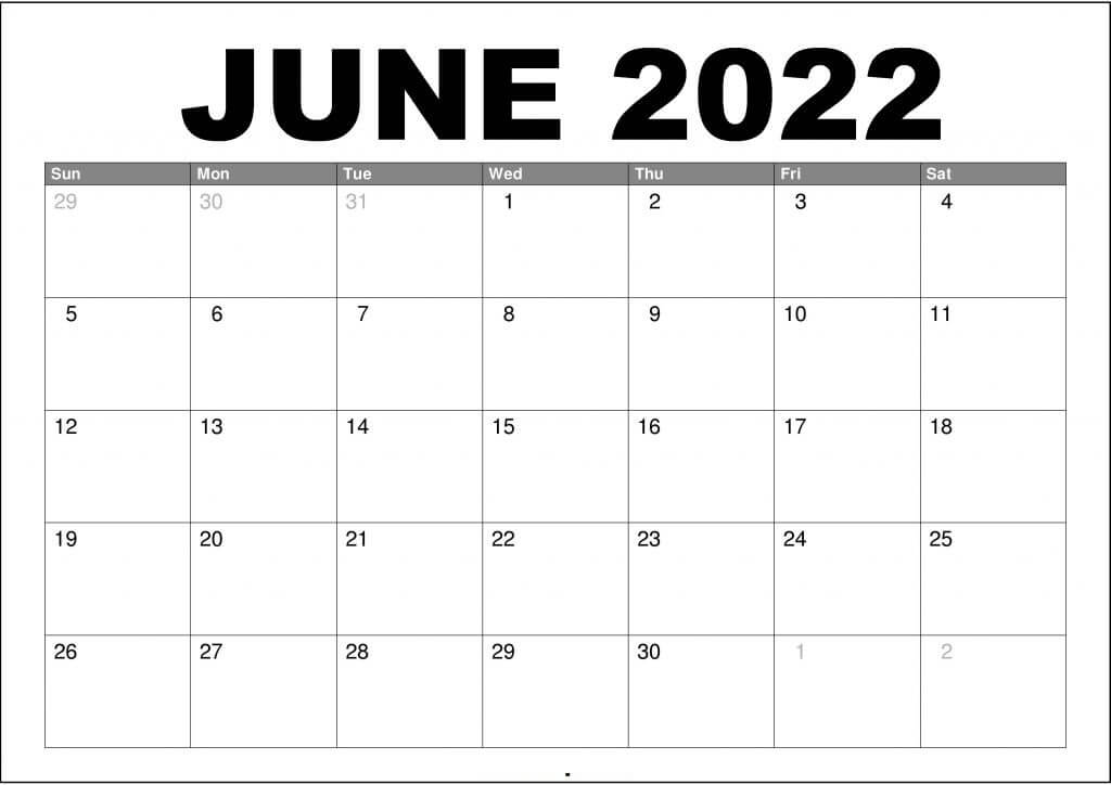 Sunday Start Monthly Calendar for June 2022 Printable Free
