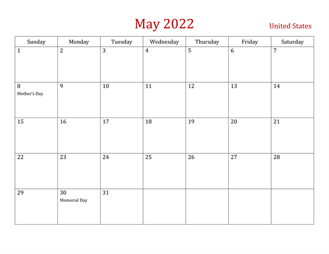 USA Holidays Calendar May 2022