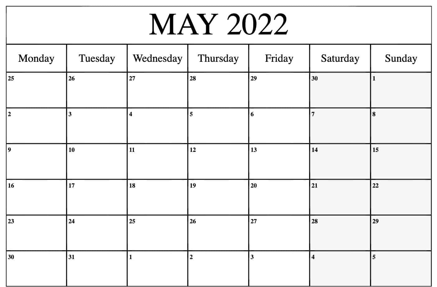 Blank May 2022 Editable Calendar