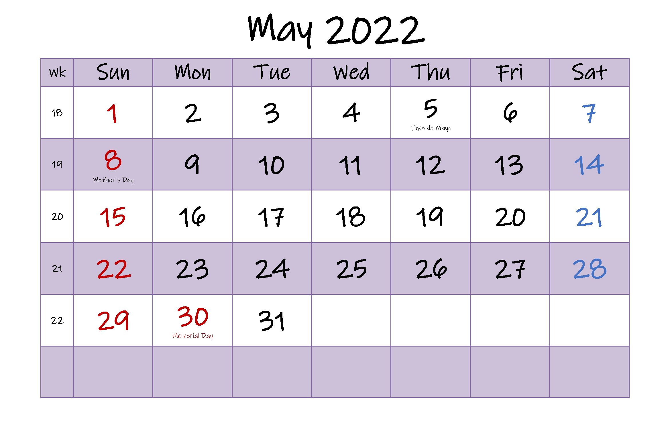 Blank May 2022 Editable Calendar
