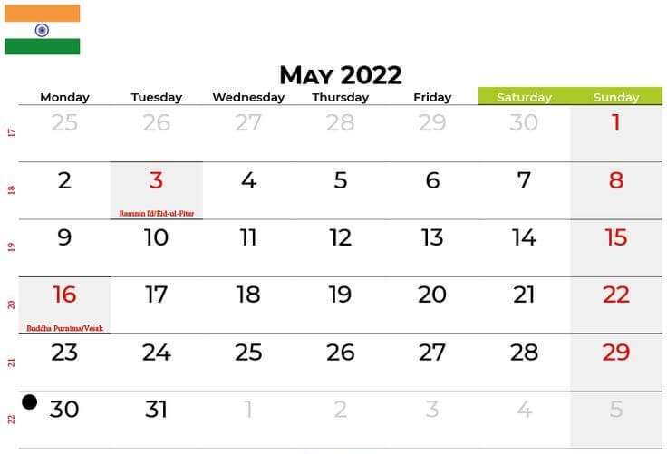 may 2022 calendar india