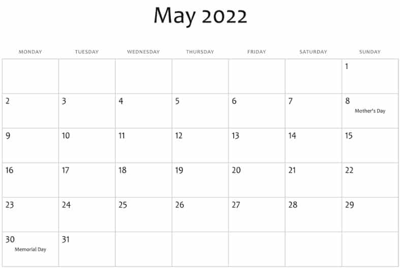 may 2022 printable calendar holidays