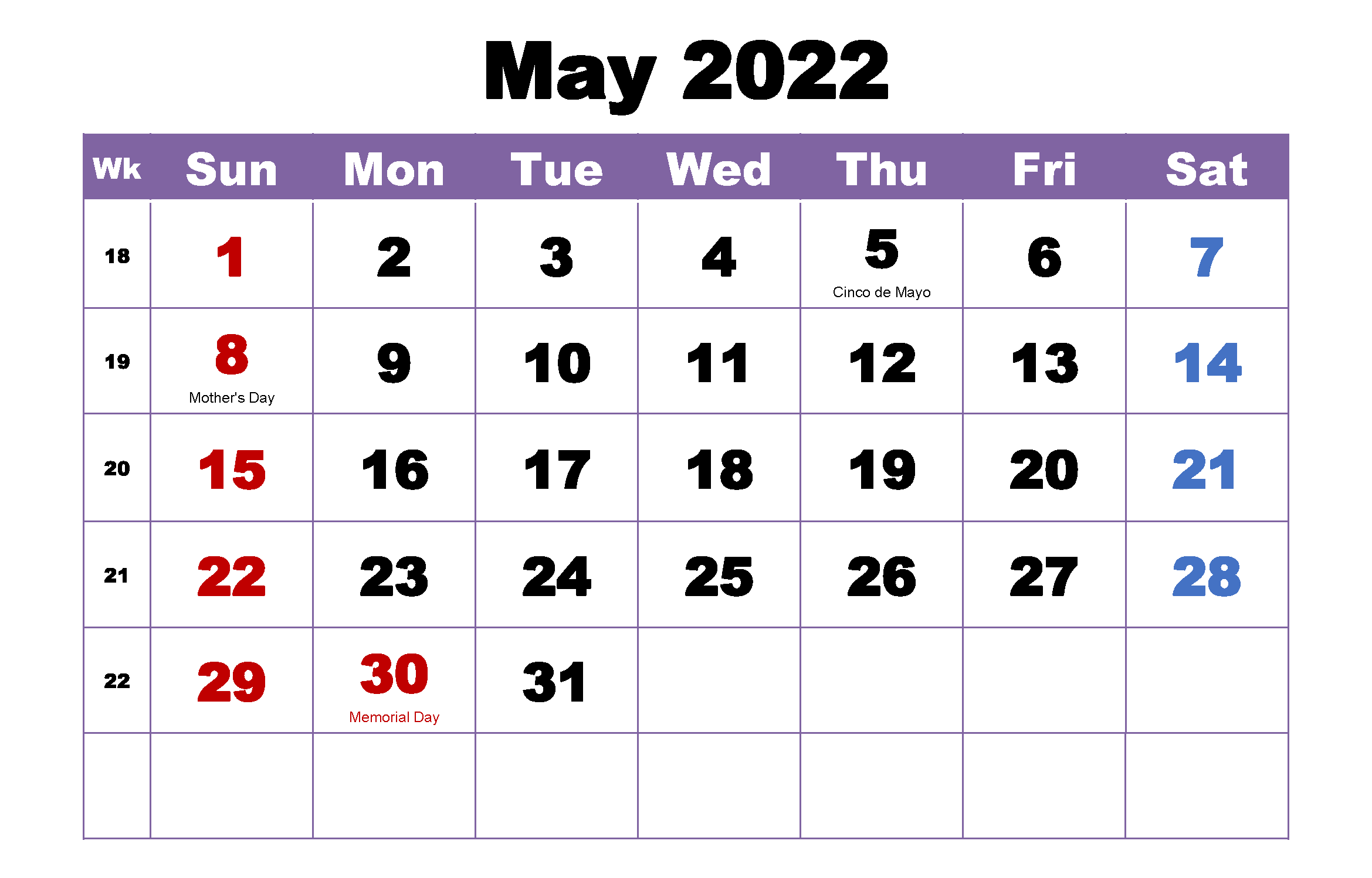 printable may 2022 calendar with holidays