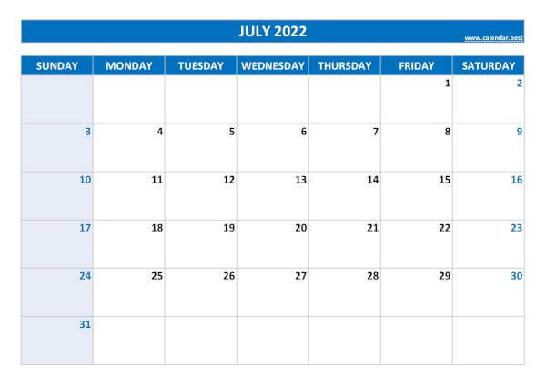 Calendar July 2022 Landscape