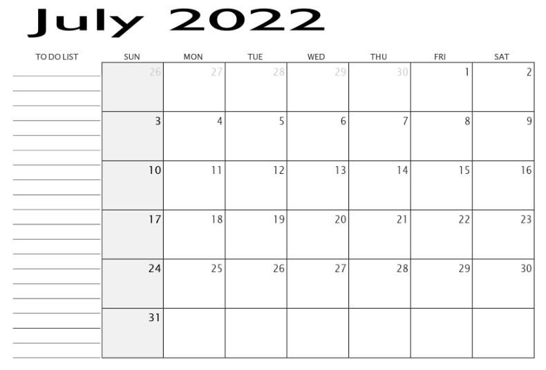 Calendar of July 2022 Month
