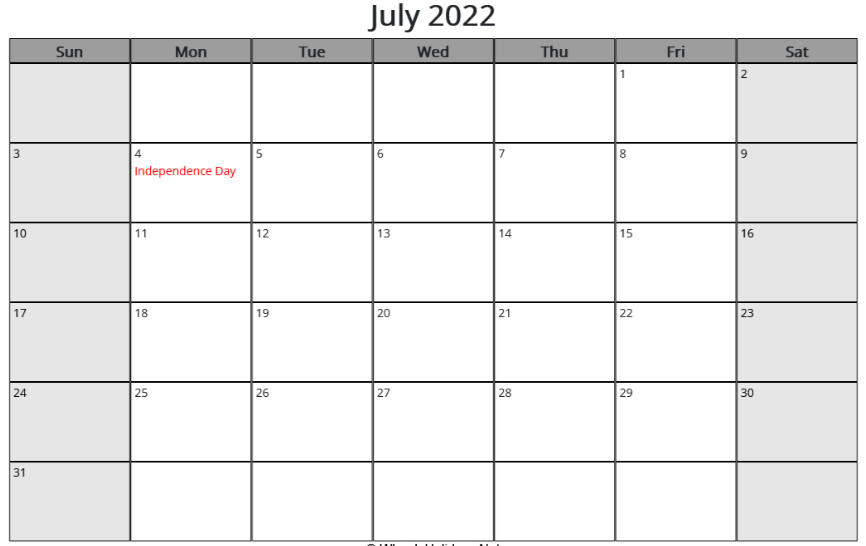 July 2022 Calendar with US Holidays
