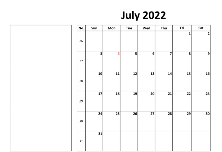 Printable Calendar July 2022 Template