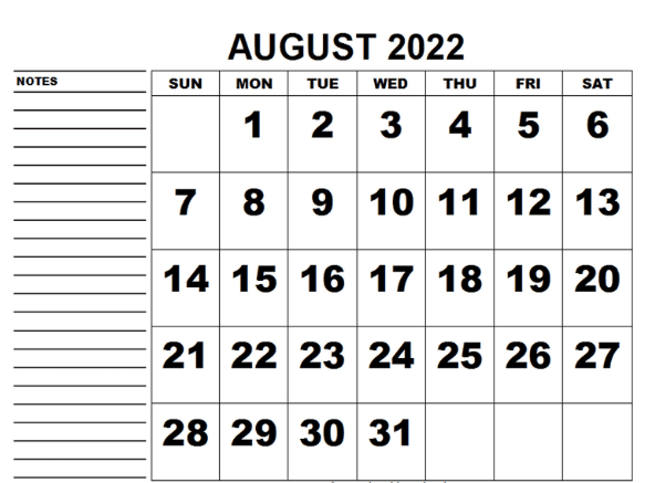 August 2022 Calendar Fillable Template