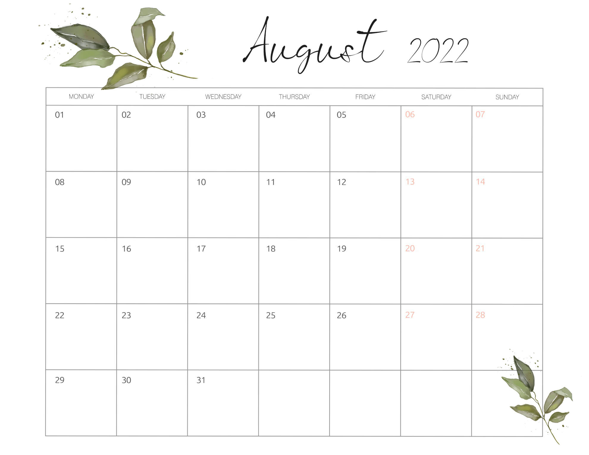 August 2022 Calendar Printable Template