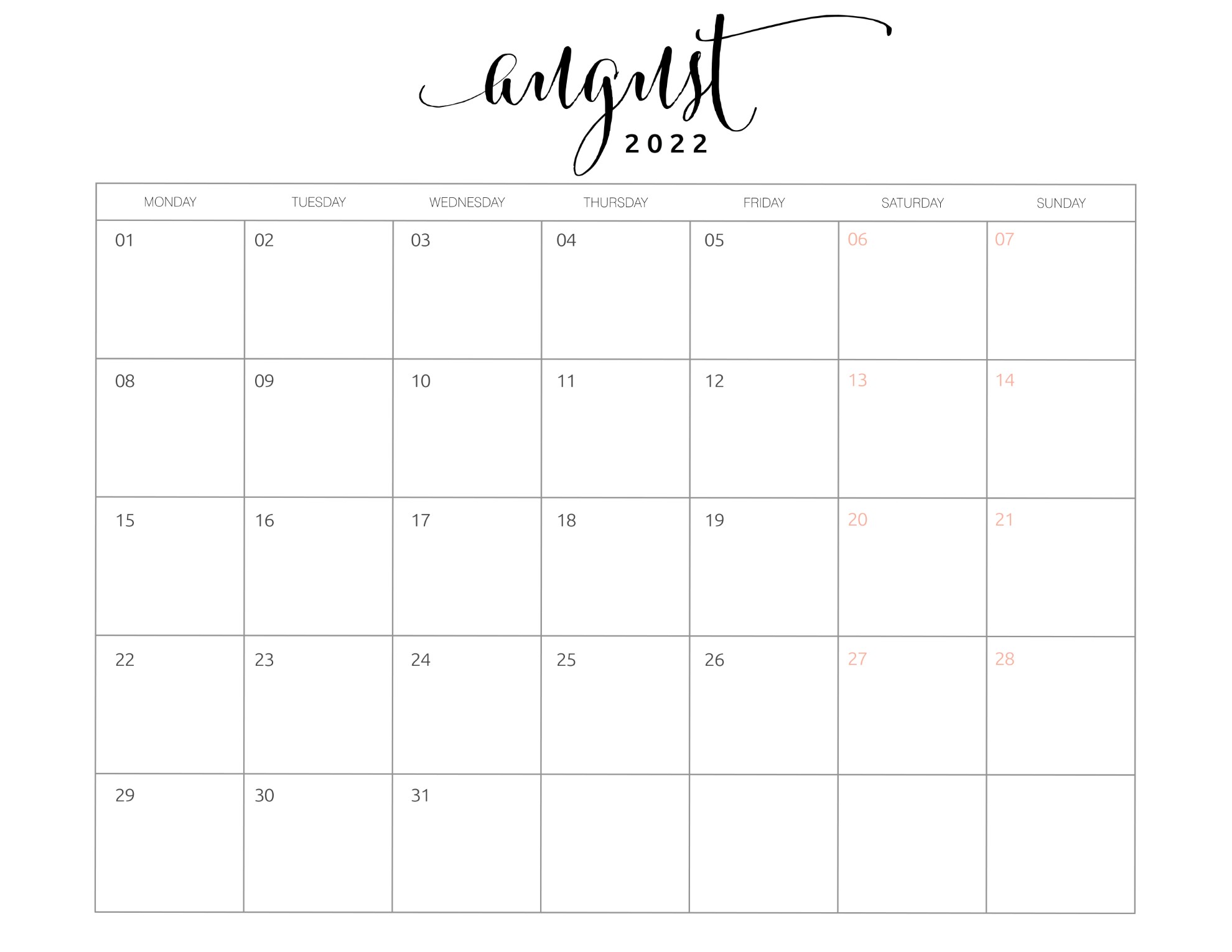 August 2022 Calendar Word