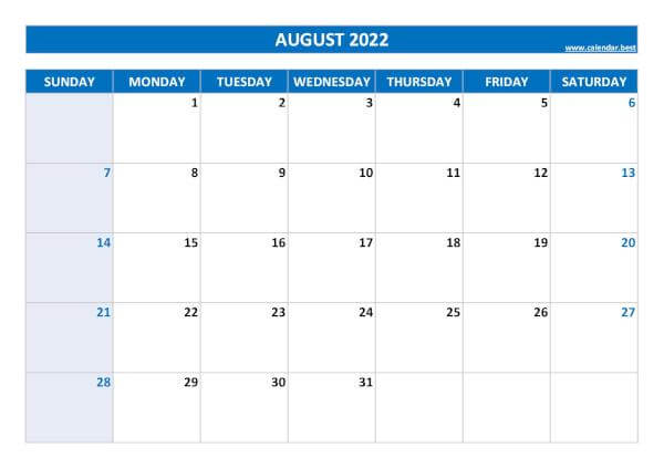 August Calendar 2022 PDF Printable
