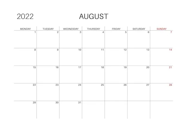 August Calendar 2022 Printable Excel Template