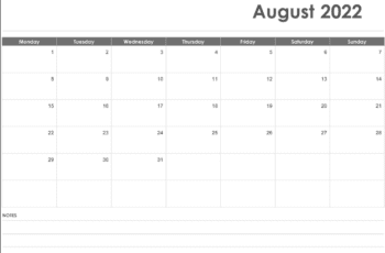 Fillable August 2022 Calendar with Notes