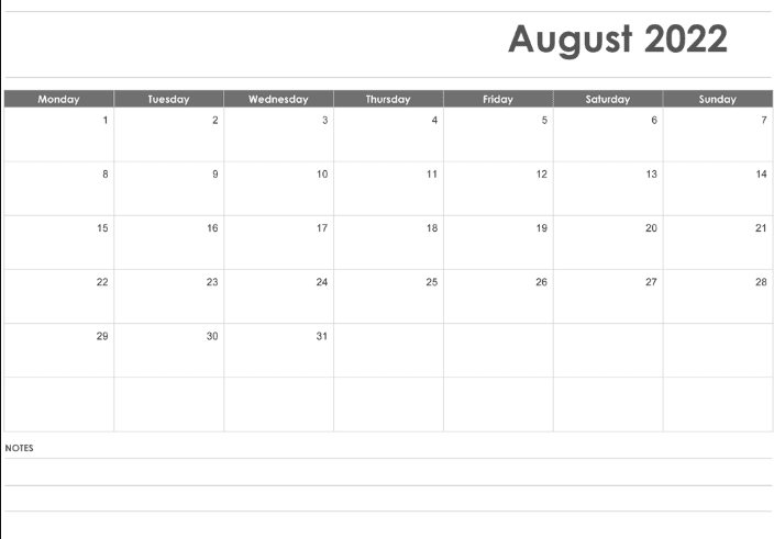 Fillable August 2022 Calendar with Notes