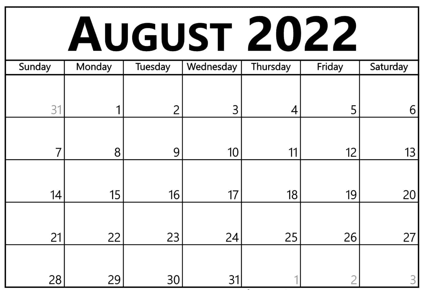 Free Download August 2022 Calendar