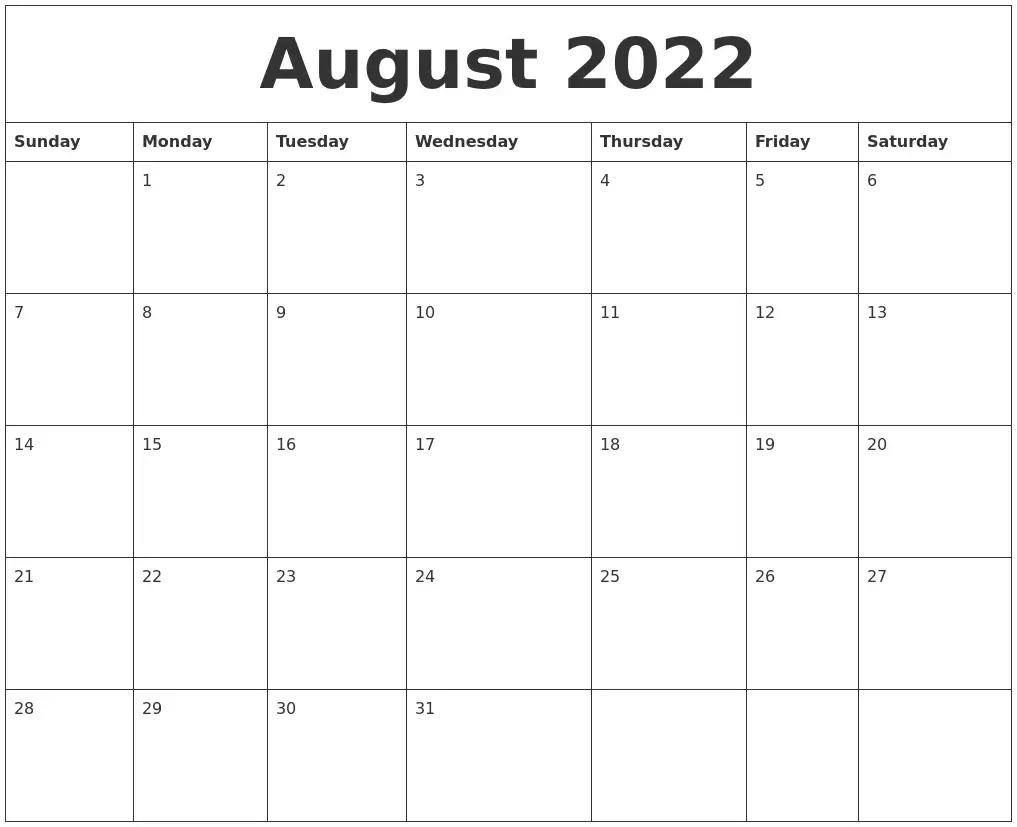 Editable August Calendar 2022 weekdays