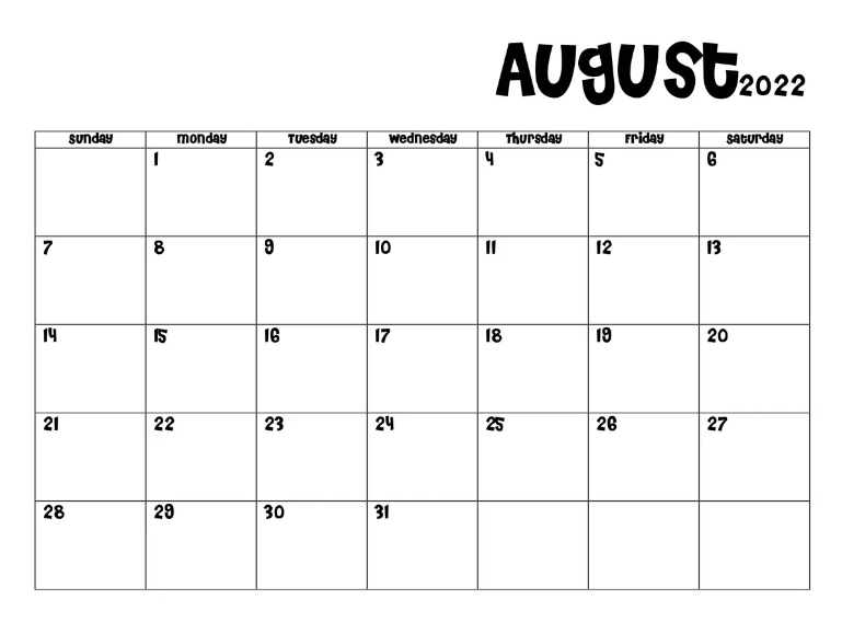 Printable August 2022 Calendar Editable Template