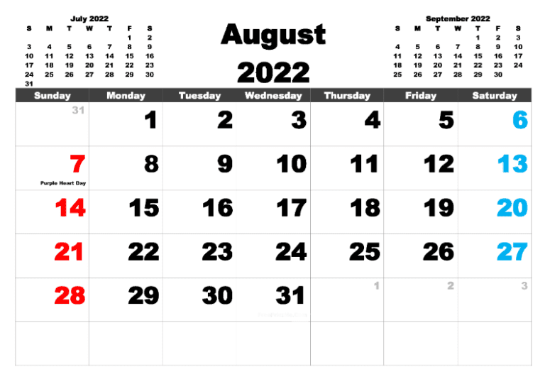 Get August Holidays 2022 Calendar Printable With Dates Office, School ...