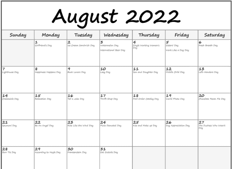 August 2022 Public Holidays Calendar