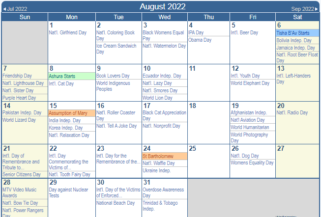 August Holidays 2022 Calendar with Dates