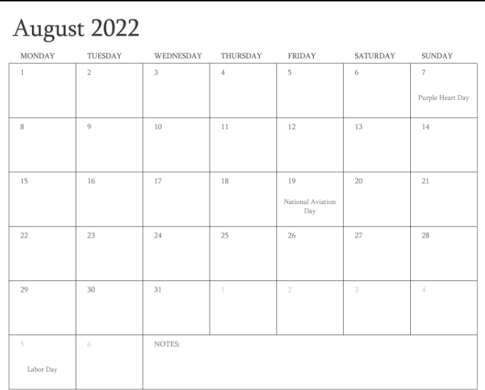 August Holidays 2022 Calendar