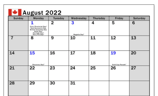 august 2022 calendar with holidays canada