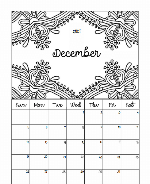 printable december 2021 calendar coloring pages