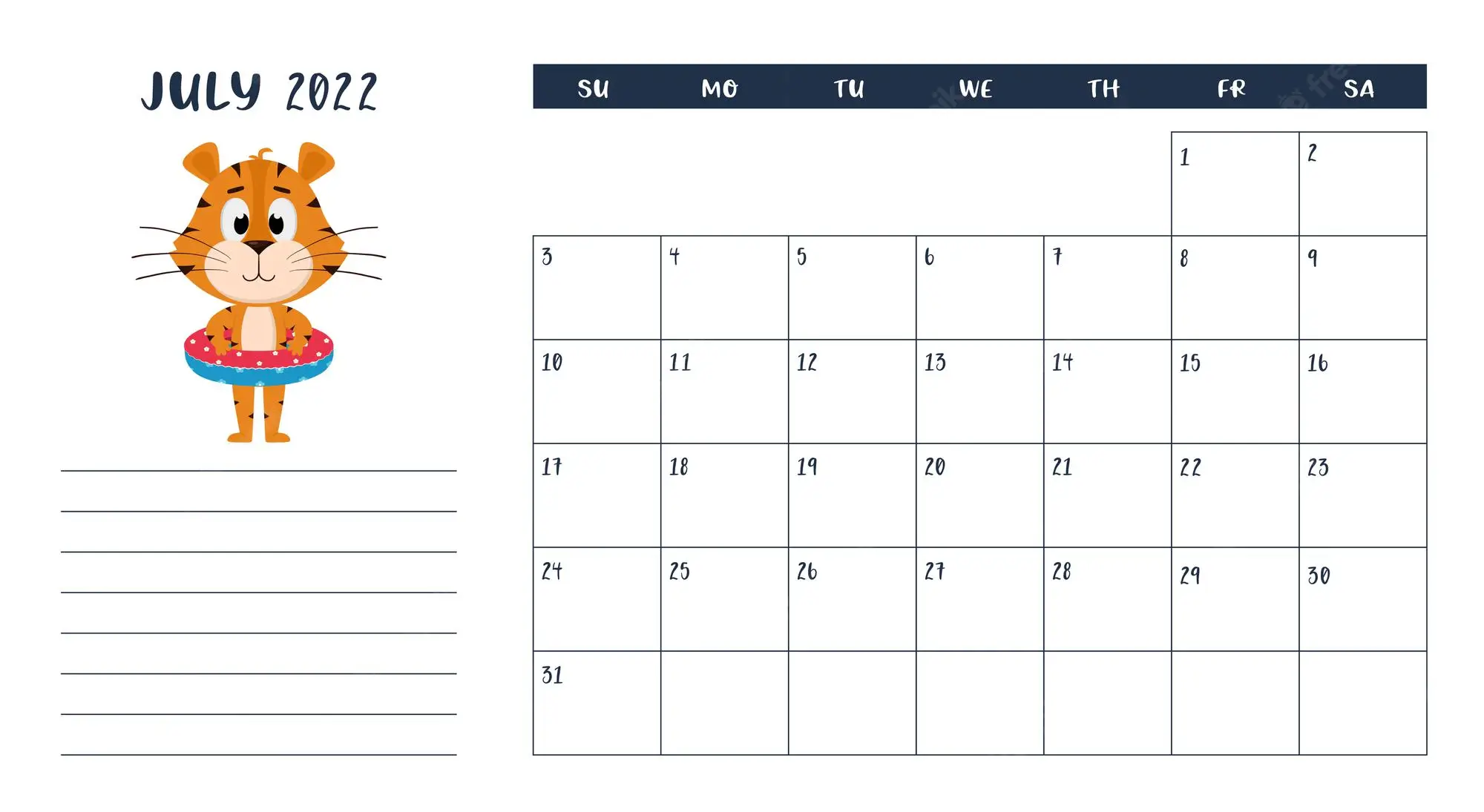 Blank July 2022 Calendar Fillable Template