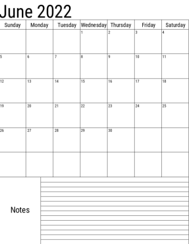 Fillable Calendar June 2022 with Notes