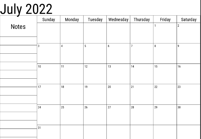 Fillable Calendar for July 2022 month