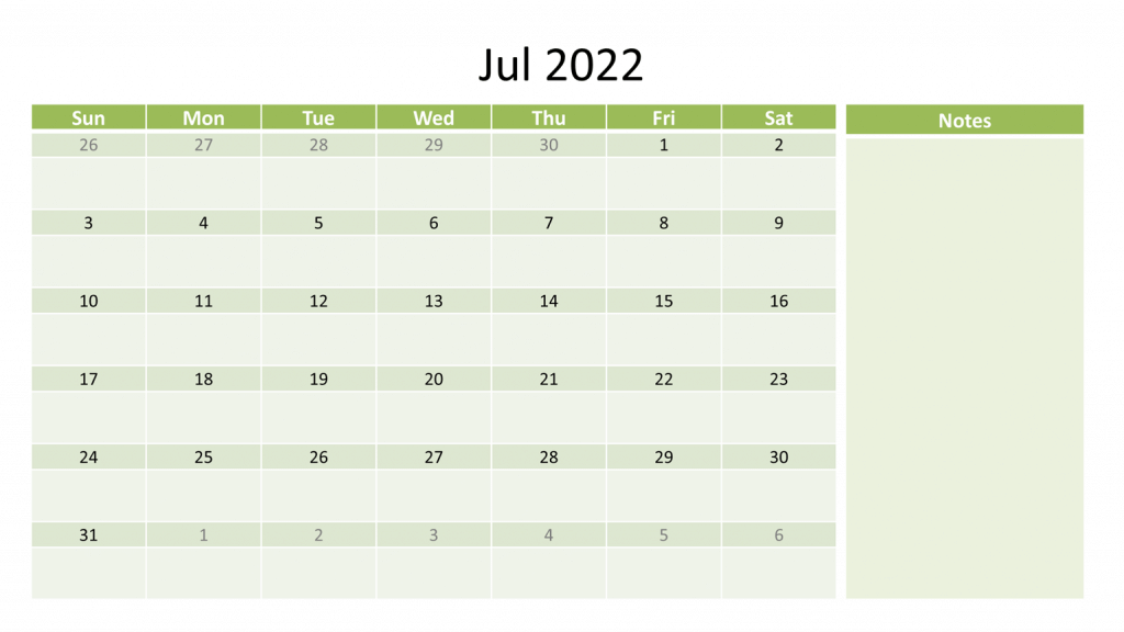July 2022 Calendar with Notes Template
