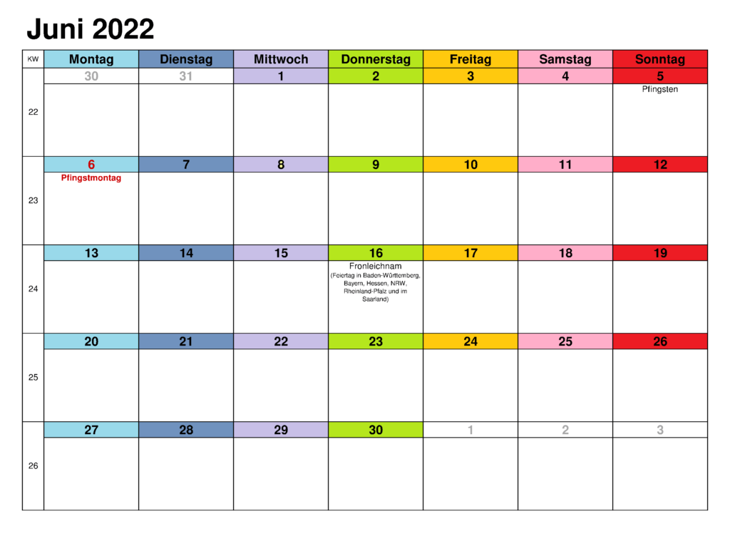 Juni 2022 Kalender mit Veranstaltungs